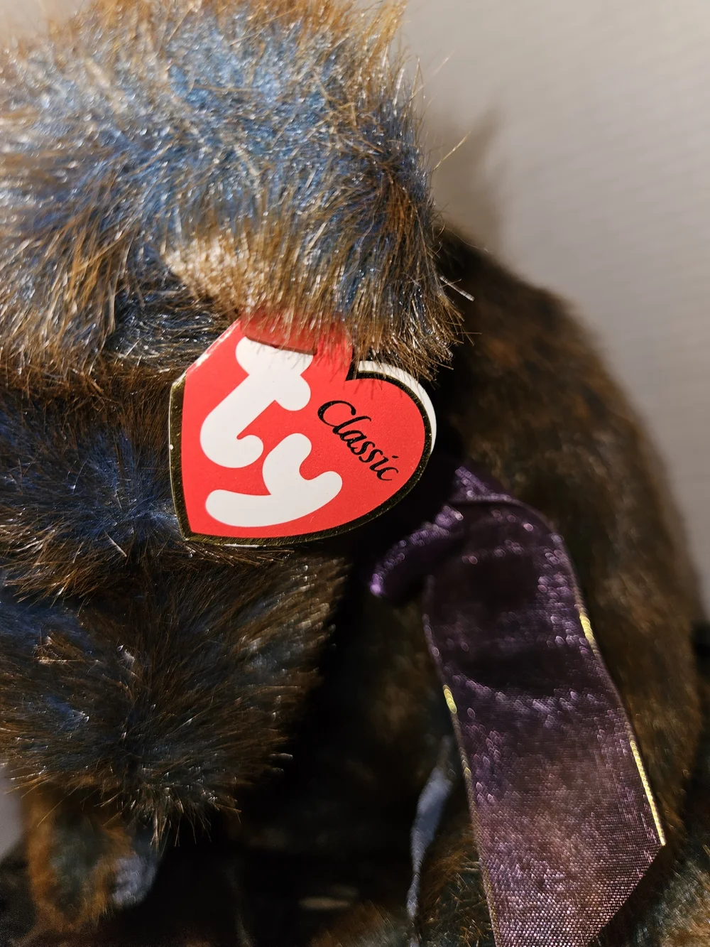 Broderick Ty Brown and Blue Plush Bear with Purple Velvet Bow